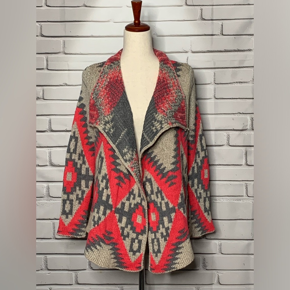 3/$30 Eleven Star Aztec Pattern Open Front Draped Sweater Cardigan Size Small
